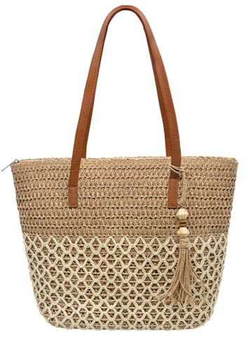 YAMEIZE Bolsos de Playa de Hombro Tejidos de Paja para Mujer Gran Bolso Tote Plegable de Paja Ligero con Cremallera Bolsa de Rafia Vacaciones de Verano
