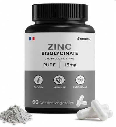 Zinc Bisglycinate 15 mg – 60 Gélules Végétales – Haute Biodisponibilité – Immunité, Peau, Cheveux et Ongles – Antioxydant – Complément Alimentaire - Naturola