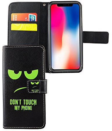 König Design Handyhülle Kompatibel mit Apple iPhone X Handytasche Schutzhülle Tasche Flip Case mit Kreditkartenfächern - Don't Touch My Phone Grün Schwarz