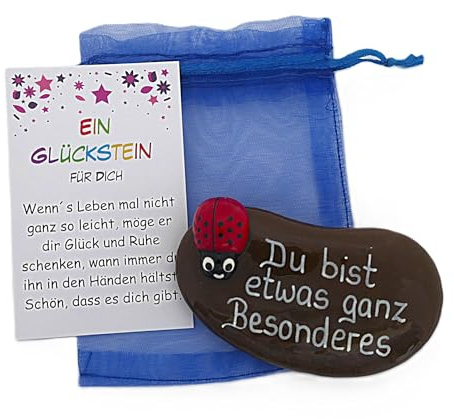 Andys Steinwelt® Glücksstein Geschenk mit Wunschtext personalisierbar 8 cm | Glücksbringer für Prüfung, Handschmeichler Stein, Mitbringsel Geburtstag, Tischdeko Geschenkidee mit Spruch oder Name