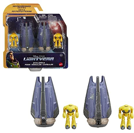 Buzz Lightyear Assortimento Iperspazio Danni da Combattimento Navetta Spaziale Zyclops e Zyclops Action Figure da 4,5 cm, veicolo lungo 9,6 cm, Giocattolo per Bambini 4+ Anni, HHJ96