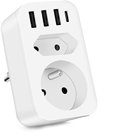 FDTEK 6 en 1 - Regleta de Pared Con Toma CA, Enchufe Euro, 3 USB A y 1 USB C (3A) (4000W), Cargador de Pared, Adaptador Multitoma Cubo Universal Eléctrico Para Hogar, Oficina