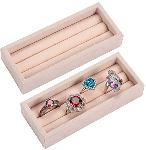 Valyria Organizador de anillos pequeños de terciopelo con 2 ranuras, juego de 2 bandejas para aretes, expositor, soporte de almacenamiento para joyero, cajón, cómoda
