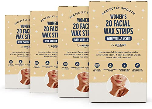 by Amazon, Strisce di cera per il viso con profumo di vaniglia, carta in tessuto delicato con 4 salviette post depilazione, 4 unità, confezione da 20