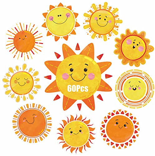60 Piezas de Recortes de Sol, 10 diseños de decoración de tablón de anuncios borrable con película de Pet, Recortes de Sol, Manualidades, Suministros para Fiestas para Estudiantes de Pizarra Blanca