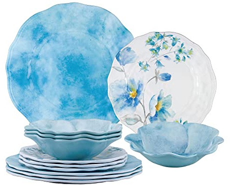 UPware 12 Piece Campanula Melamine Dinnerware Sets, Outdoor Dishes Set, Plates and Bowls Sets, Service for 4, Sky Blue
