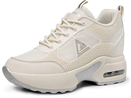 AONEGOLD Zapatillas de Deporte Transpirables Zapatillas de Cuña para Mujer Alta Talón Plataforma 8cm Sneakers(Beige-Plata,42EU)