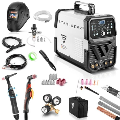 STAHLWERK Schweißgerät 4 in 1 Kombi AC/DC WIG 200 Puls D CUT – Vollausstattung – digital mit 200 A, WIG & MMA (Elektrode), Pulsfunktion & 50 A Plasmaschneider, IGBT-Inverter, für Alu & Dünnblech