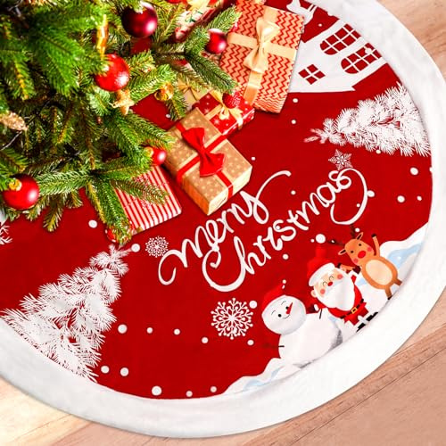 Kalolary 48 Zoll Weihnachtsbaum Rock | Rote Plusch Weihnachtsbaum Decke Weihnachtsmann Schneemann Elch Schneeflocken Xmas Tree Skirt Matte für Weihnachtsfeiertag
