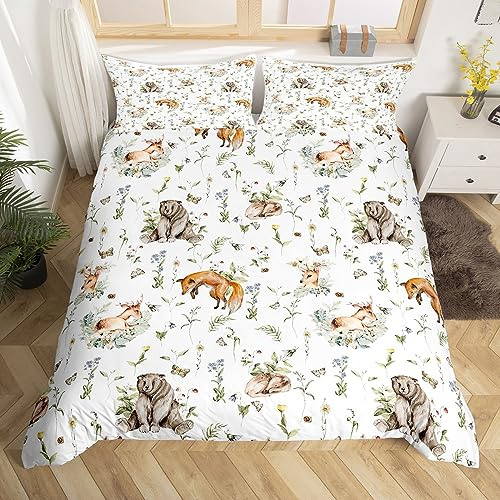Housse de Couette Renard 220x240 Ensemble de Literie Animaux Des Bois Ours Elan Cerf pour Garçons Enfants Filles,Parure de Lit Botanique Jungle Feuille Couvre Lit Animaux Sauvages Mignons,3 Pièces