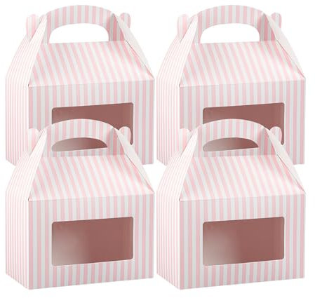 Bio Tek Giebelboxen für Gastgeschenke, 21,6 x 12,1 x 14,9 cm, 100 langlebige Geschenkboxen – gestreiftes Muster, klares PET-Fenster, rosafarbene und weiße Papier-Scheunenschachteln mit integriertem