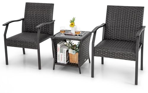 GIANTEX Set di mobili da giardino in rattan resistente alle intemperie, per balconi, balconi, mobili da giardino, set da 2 sedie con tavolo, mobili per 2 persone, set da giardino con seduta imbottita