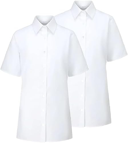 Trutex Basics Girls White School Shirts, Multipack – Short Sleeve Slim Fit Cotton-Rich Easy Iron White School Blouses for Girls – Age 12 (2 Pack)