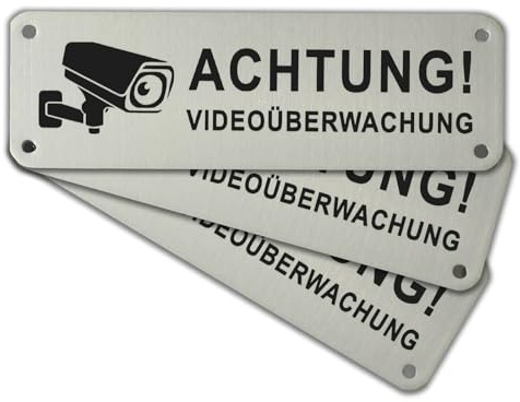 Felexdo Achtung Videoüberwachung Schild,3 Stück 15x5cm Aluminium Gebürstetes Schild Videoüberwachung Privatgrundstück mit Selbstklebend und 4 Bohrlöcher für den Innen und Außenbereich