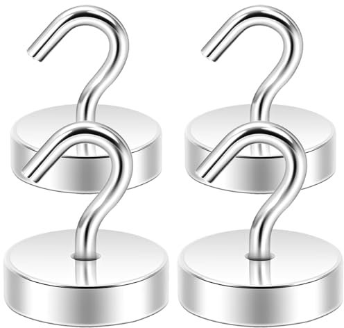 Neosmuk Magnethaken, 30kg Extra Starke Magnetische Haken für Camping, Werkstatt, Spind, Kleiderhaken mit Neodym Magnet für Outdoor und Kreuzfahrt Zubehör, Silber,4er-Pack