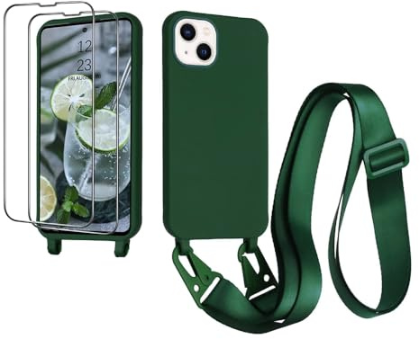 CaseLover Handyband kompatibel mit iPhone 15 Hülle mit Band, Dunkelgrün | mit 2 Stück Schutzfolie, Flüssiges Silikon Necklace Handyhülle, Verstellbarer zum Umhängen Kordel, Stossfest Schutzhülle