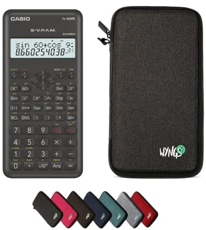 Casio fx-82MS 2nd Edition con Funda Protectora WYNGS Gris Oscuro - Calculadora Científica - Paquete Básico