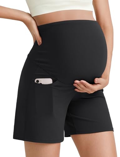G4Free Maternity Shorts for Women Over The Belly Pregnancy Summer Clothes Workout Yoga Athletic Lounge Shorts with Pockets(Black,M)