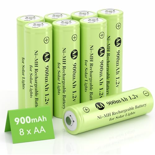 JiajaX AA 1.2V Ni-MH Rechargeable Battery, Double A 900mAh 1.2V Solar Battery Pre-Charged, High Capacity for Solar, String, Solar Pathway Lights (AA-900mAh-8pack)