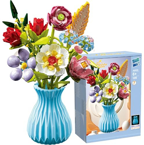 Flower Bouquet Building Set with Vase, 3D Puzzles Artificial Flowers for Adults Creative Flowers Building Blocks Set Toy DIY Decor for Home Office,Creative Gift for Lover (Colorful 7)