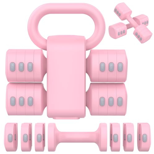 Hezeyferg 2-i-1 justerbara hantlar, 4 nivåer vikthantlar set för kvinnor män, varje 2,2/3,3/4,4/2,5 kg handvikter med kettlebellform för hemmagym träning (rosa)