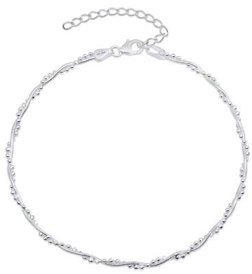 Amberta Italienisches Fußkettchen aus Sterlingsilber 925 für Damen | Verstellbares Fußband mit Perlen und Herz – Sommer-Schmuck