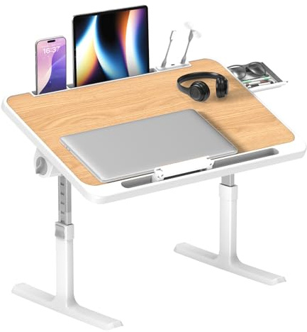 Ferghana Klappbarer Laptoptisch Höhenverstellbarer Laptoptisch mit Schublade + LED+ Ventilator Tragbarer Schreibtisch fürs Bett mit ergonomischem Neigungswinkel für Sofa,Boden,Bett,Outdoor (Nussbaum)