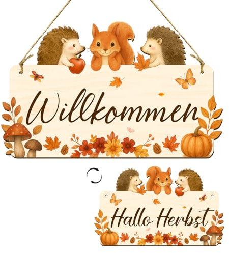 Herbstdeko tür Herzlich Willkommen Schild aus Holz, Beidseitig mit „Willkommen“ & „Hallo Herbst“, Erntedankfest Herbst Dekoration Herbstdeko zum Basteln Deko für Eingang, Balkon, Garten