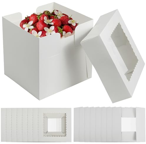 TayBong Cajas para Tartas 20x20x20 cm, Carton con Ventana Transparente, 8Pz Caja Pasteles Resistente para Transportar Tartas, Postres, Ideal para Bodas, Cumpleaños y Fiestas​
