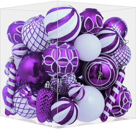 Miaikoe Weihnachtsbaum hängende Ornamente 63 Stück Multi-Size Plastik zerstörungsdichte Kugel Ornamente Set für Weihnachtsfeiertage Winter Party Dekorationen (lila & weiß)