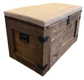weeco Holzkiste Schatzkiste Aufbewahrungsbox mit Vier Rollen. 24 kg, 80 x 45 cm Holzkiste Truhe Couchtisch Beistelltisch Vintage Shabby Chic, mit Sitzkissen