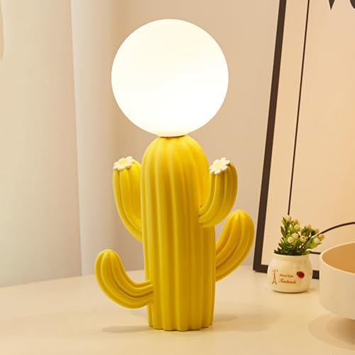 Lampe de Table Moderne en Forme de Cactus, Globe en Verre Blanc Laiteux, Jolie décoration de Chevet, luminaire de Bureau en résine pour Salon, Chambre d'enfant, Coin Chambre d'enfant (Jaune)