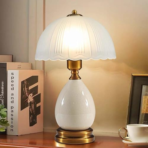 Mengjay Vintage Tischlampe, Keramik Basis in Türkis und Weiß, Acryl Lampenschirm, Antik Messing Finish, 40cm Höhe, E27 Fassung, für Wohnzimmer und Schlafzimmer (Stil.B)