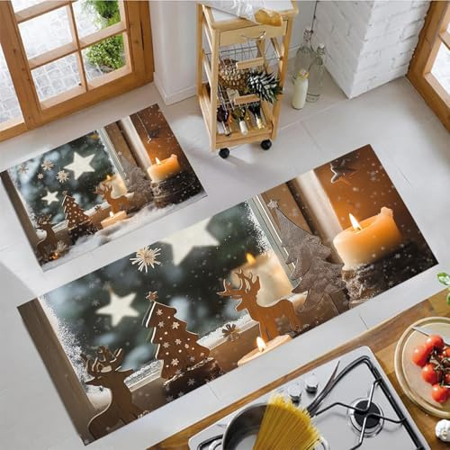Küchenläufer Weihnachtsdekorationen – Küchenteppich mit Schneeflocken, Sterne, Kleine Bäume Teppichläufer rutschfest Pflegeleicht Teppich Läufer für Küche, Flur, Eingangsbereich, Esszimmer Hellbraun