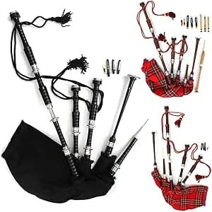 Scottish Great Highland Bagpipe Black Plain Full Silver Mount Utility Tartan, Red And Brown Royal Stewart Tartan Bagpipe With Free Carry Bag & Free Practice Chanter (Brown Bagpipe)