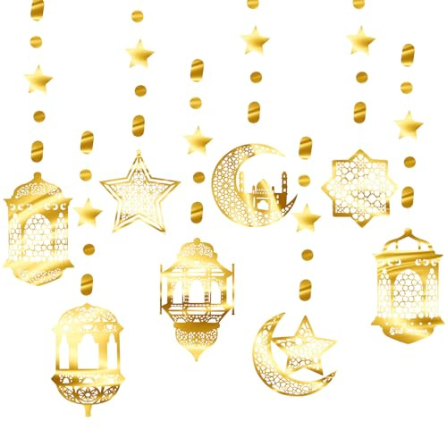 Guirlande Ramadan Suspension en Papier Doré,Decoration Eid Mubarak Lanterne Lune Étoiles Guirlandes,Décoration de Ramadan