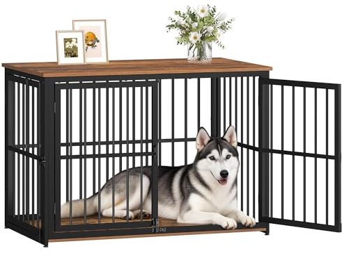 Fobyfurny Hundekäfig Möbel, Hundebox, 100x60x70cm Vintagebraun und Schwarz | Hundebox für Zuhause mit 3 Türen, Beistelltisch, Hundekäfig Hochbelastbar, für Kleine und Mittelgroße Hunde FPDC012FD1