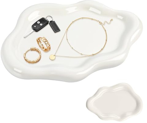 Phlognfy Bandeja Joyas CeráMica Blanca, Bandeja De CeráMica Con Nubes, Bandeja Para Joyas Con Nubes, Cuenco De CeráMica Para Anillos, Para Anillos, Pendientes Y Collares