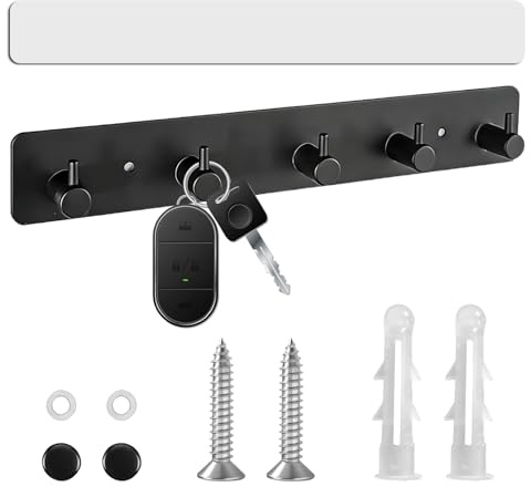 PPAAstunoras Schlüsselbrett Ohne Bohren mit 5 Haken Schlüsselhalter Wand Schwarz Metall mit selbstklebende Bänder Schlüsselaufhänger Schlüsselboard Key Holder Wall für Wohnzimmer Küche Badezimmer