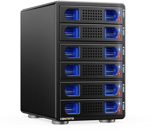 Hårddiskhölje, CENMATE 10 Gbps aluminium 6-bay-hölje med fläkt för 2,5/3,5 SATA HDD/SSD med USB A/C 3.2-kabel, stöder Hot Swappable, verktygsfritt HDD-hölje, DAS (NO RAID/NAS)