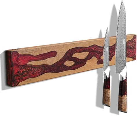 FINDKING Messerleiste magnetisch für Wand, massives Akazienholz mit tiefroter Harzeinlage, Wandmesserhalter mit starkem Magnethalt, Klebehalterung ohne Bohren (45.7 cm)