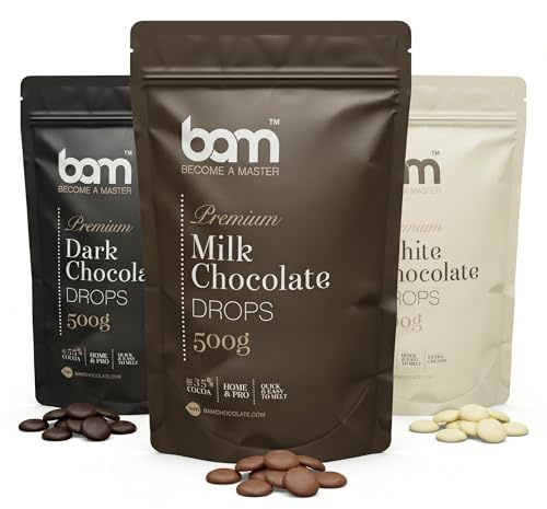 BAM Schokolade Drops Bundle – Premium Kuvertüre Vollmilch, Zartbitter (55% Kakao) & Weiß | Schokodrops zum Backen & Schmelzen – Ideal für Fondue, Schokobrunnen & Patisserie – 3 x 500 g