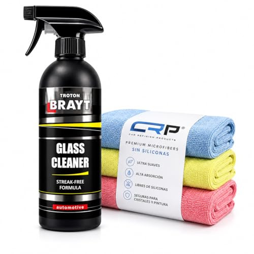 Limpiacristales Coche BRAYT by CEPISA 500 ml + 3 Bayetas Microfibra | Limpiador de Cristales, Espejos y Pantallas, Sin Marcas ni Velos