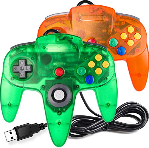 SAFFUN [USB Version] Classic N64 Controller, N64 Wired USB PC Game pad Joystick, N64 Bit USB Stick for Windows PC MAC Linux Genesis Raspberry Pi Retropie Emulator [Plug & Play] (Orange+Green)-2 Pack