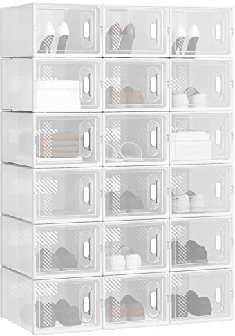 WOLTU Set di 18 Scatole per Scarpe Contenitore Portascarpe Scarpiera Organizzatore Portaoggetti Impilabile Salvaspazio Coperchio Magnetico Plastica Trasparente Bianco 35x25x19cm