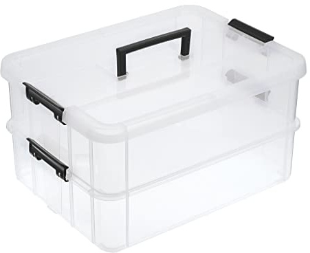 BTSKY 2 Layer Stack & Carry Box, Plastic Multipurpose Portable Storage Container Box Handled Organizer Storage Box for Organizing Stationery, Sewing, Art Craft, Jewelry and Beauty Supplies Black