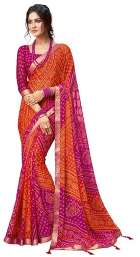 SIRIL Women's Bandhani Printed Chiffon Saree With Blouse(2612S2078_) 5.5 Meters Pink & Orange