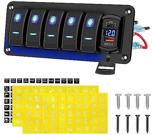Linkstyle 5 Gang Wippschalter mit digitalem Voltmeter, Wasserdichter 5 Pin ON/OFF Kippschalter mit PD & QC3.0 Ladegerät Port 4.8A für Auto