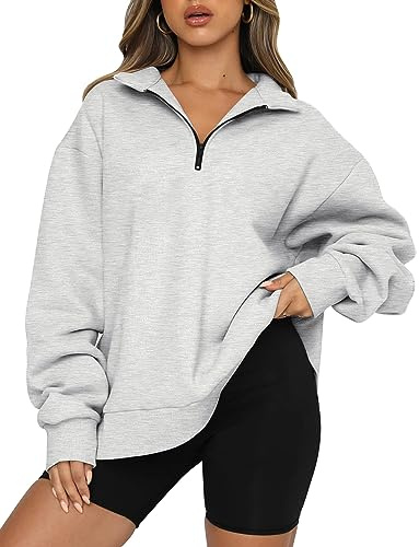 MGOOL Damsweatshirts, överdimensionerade långärmade tröjor kvartsblixtlås, ledig lös fleece, pullover toppar, Ljusgrå, S