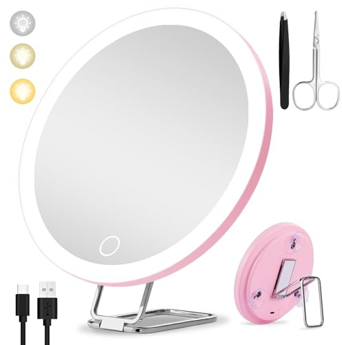 20X Magnifying Mirror with Light, Large 6inch Lighted Magnified Mirror 20x with 3 Suction Cups and 360° Table Stand, Rechargeable 3 Colors Dimming Vanity Makeup Mirror with Tweezers & Scissors